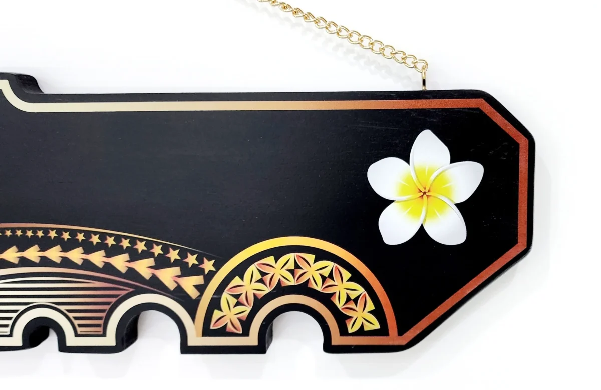 Island Design Golden Red Theme Colour UV Printed Birthday Key (Black Base Colour) with White Frangipani Flower