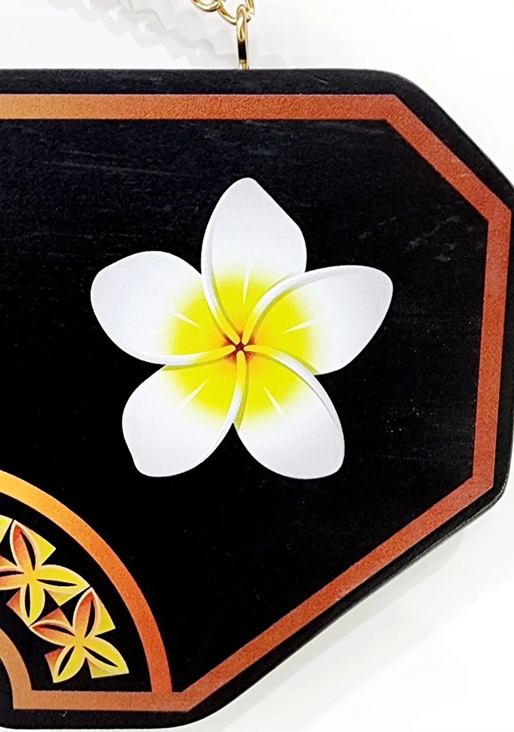 Island Design Golden Red Theme Colour UV Printed Birthday Key (Black Base Colour) with White Frangipani Flower