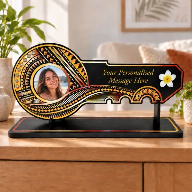 Island Design Golden Red Theme Colour UV Printed Birthday Key with White Frangipani Flower and Matching Colour Stand