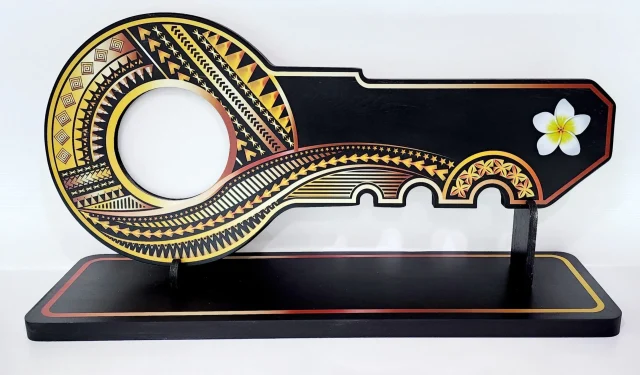 Island Design Golden Red Theme Colour UV Printed Birthday Key with White Frangipani Flower and Matching Colour Stand