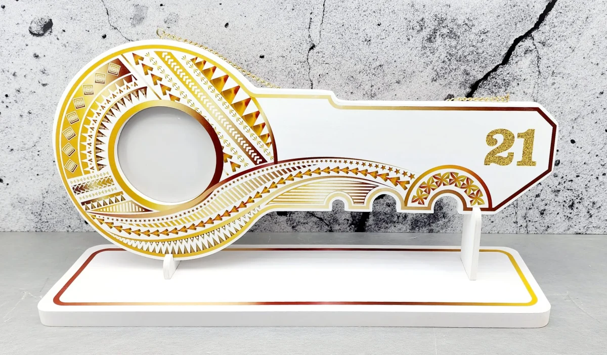 Island Design Golden Red Theme Colour UV Printed Birthday Key with Golden Glitter Look "21" and Matching Colour Stand