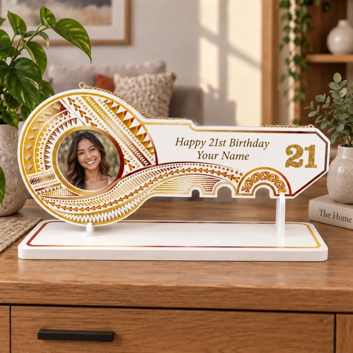 Island Design Golden Red Theme Colour UV Printed Birthday Key with Golden Glitter Look "21" and Matching Colour Stand