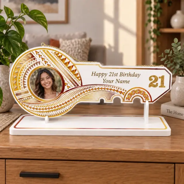 Island Design Golden Red Theme Colour UV Printed Birthday Key with Golden Glitter Look "21" and Matching Colour Stand