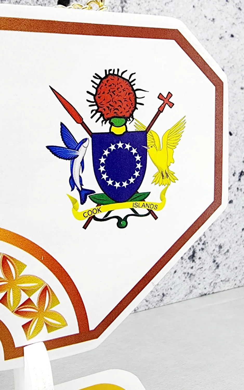 Island Design Golden Red Theme Colour UV Printed Birthday Key with Coat of Arms of Cook Islands and Matching Colour Stand