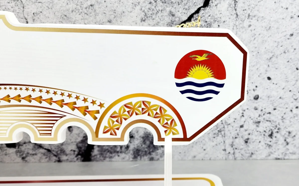 Island Design Golden Red Theme Colour UV Printed Birthday Key with Coloured Kiribati Flag and Matching Colour Stand