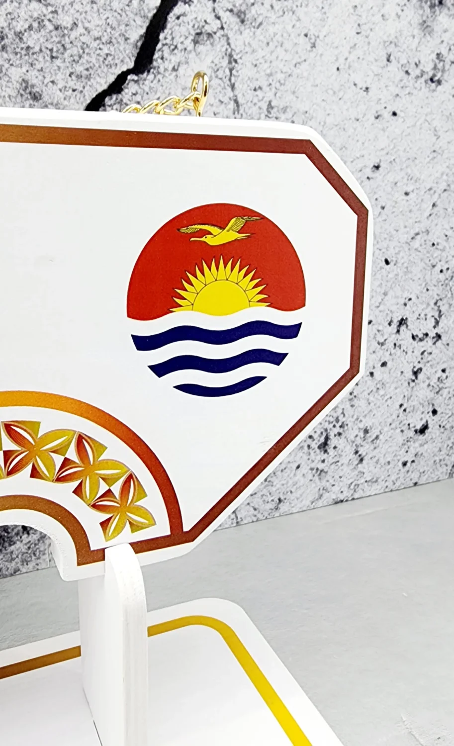 Island Design Golden Red Theme Colour UV Printed Birthday Key with Coloured Kiribati Flag and Matching Colour Stand