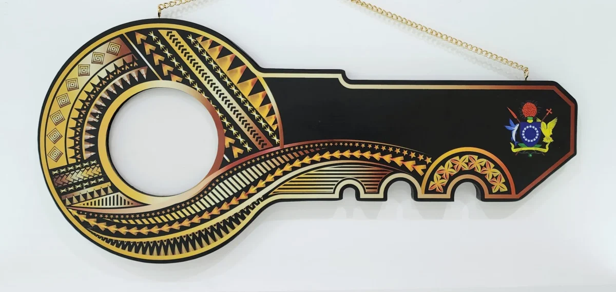 Island Design Golden Red Theme Colour UV Printed Birthday Key with Coat of Arms of Cook Island