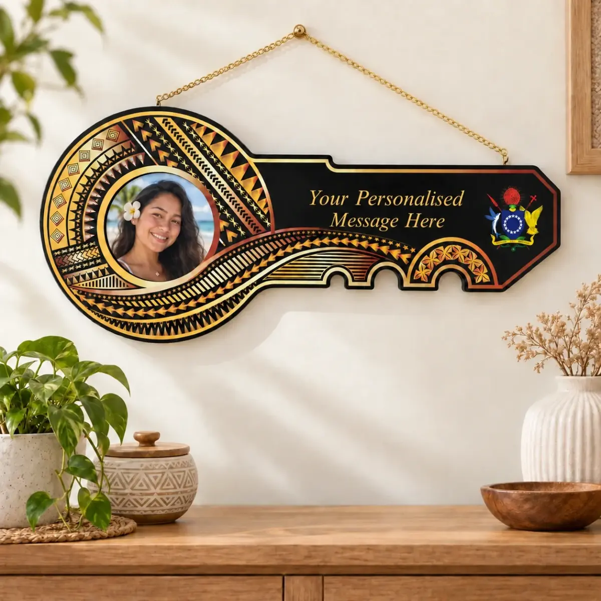 Island Design Golden Red Theme Colour UV Printed Birthday Key with Coat of Arms of Cook Island