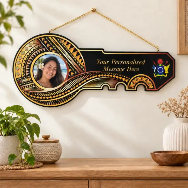 Island Design Golden Red Theme Colour UV Printed Birthday Key with Coat of Arms of Cook Island