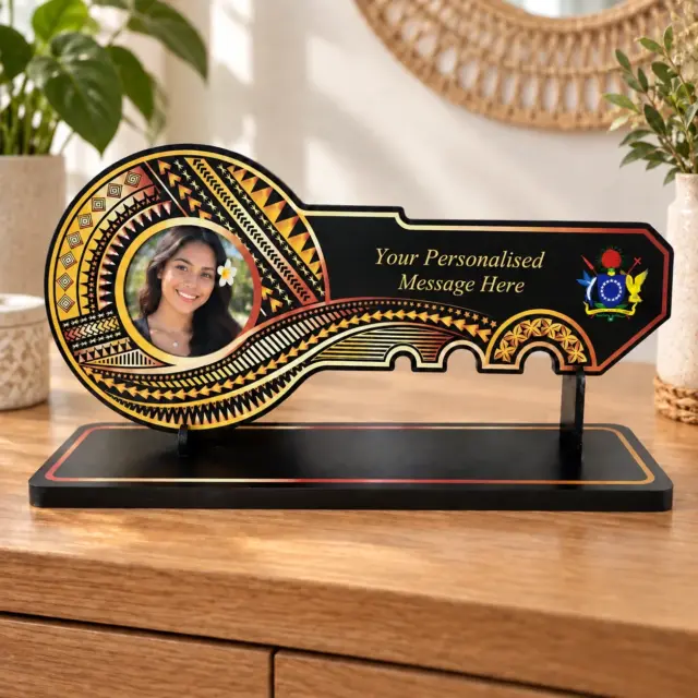 Island Design Golden Red Theme Colour UV Printed Birthday Key with Coat of Arms of Cook Island and Matching Colour Stand