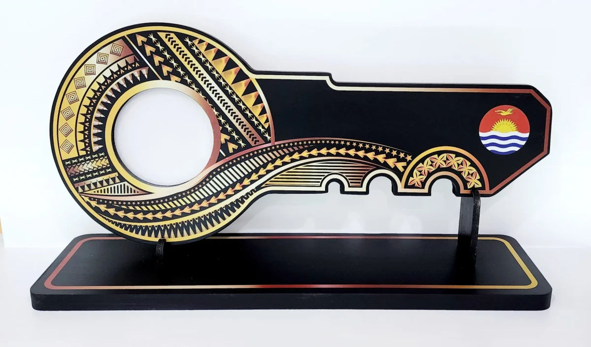 Island Design Golden Red Theme Colour UV Printed Birthday Key with Coloured Kiribati Flag and Matching Colour Stand