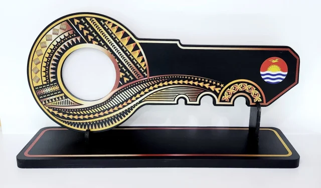 Island Design Golden Red Theme Colour UV Printed Birthday Key with Coloured Kiribati Flag and Matching Colour Stand