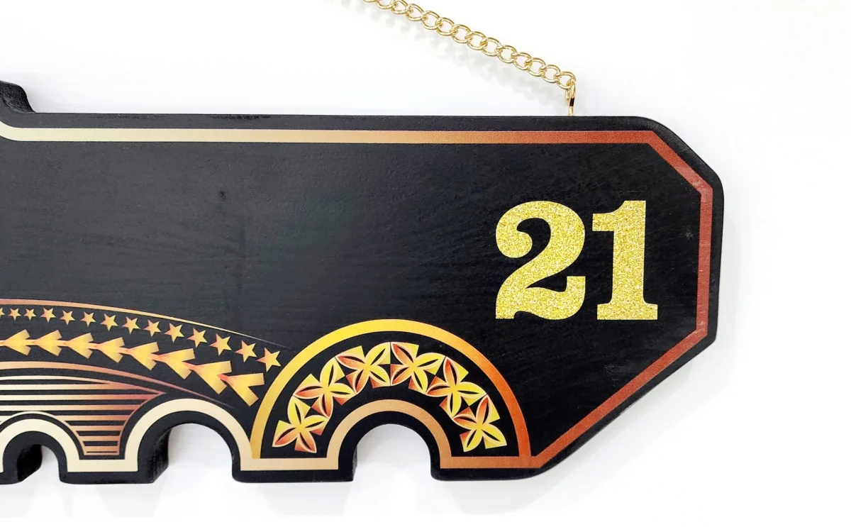 Island Design Golden Red Theme Colour UV Printed Birthday Key with Golden Glitter Look "21"