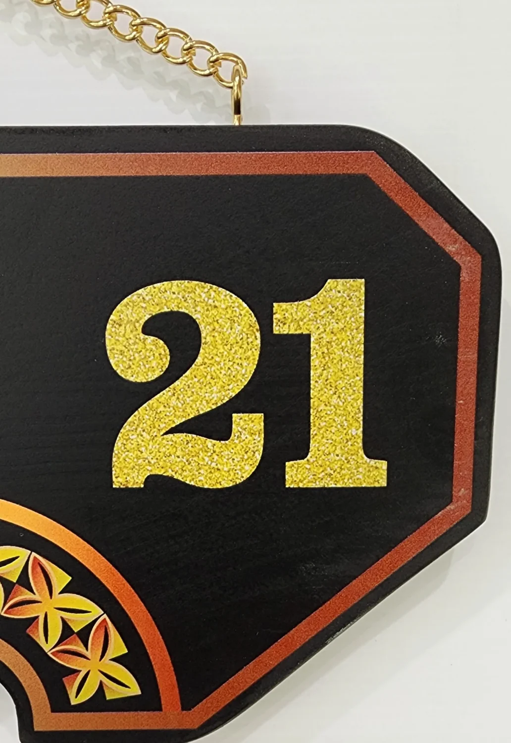 Island Design Golden Red Theme Colour UV Printed Birthday Key with Golden Glitter Look "21"