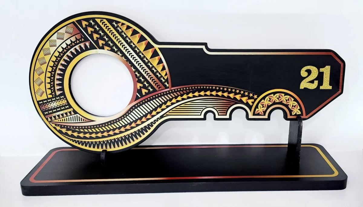 Island Design Golden Red Theme Colour UV Printed Birthday Key with Golden Glitter Look ?21? and Matching Colour Stand