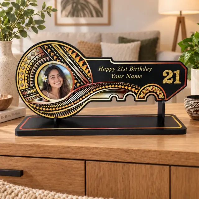 Island Design Golden Red Theme Colour UV Printed Birthday Key with Golden Glitter Look ?21? and Matching Colour Stand