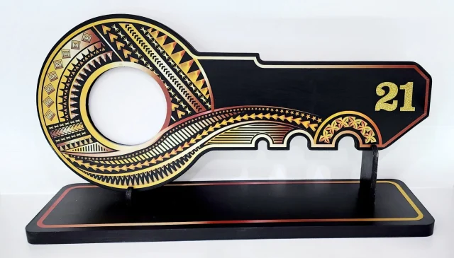 Island Design Golden Red Theme Colour UV Printed Birthday Key with Golden Glitter Look ?21? and Matching Colour Stand