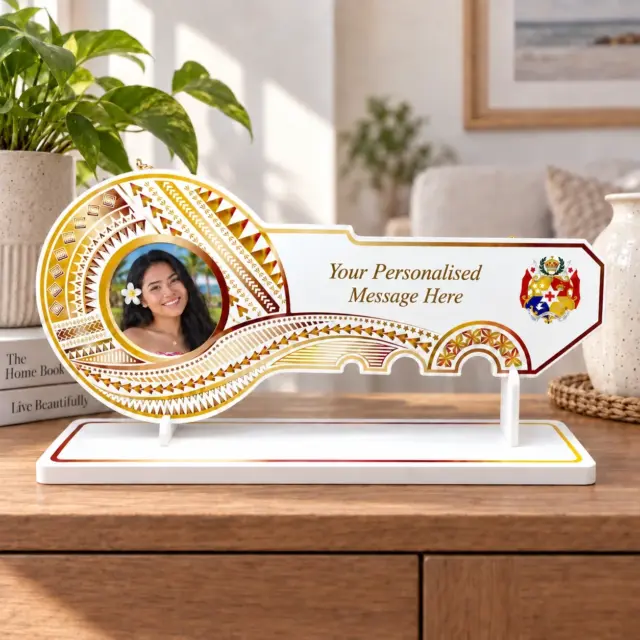 Island Design Golden Red Theme Colour UV Printed Birthday Key with Coloured Tongan Sila with Matching Colour Stand