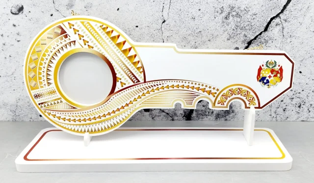 Island Design Golden Red Theme Colour UV Printed Birthday Key with Coloured Tongan Sila with Matching Colour Stand