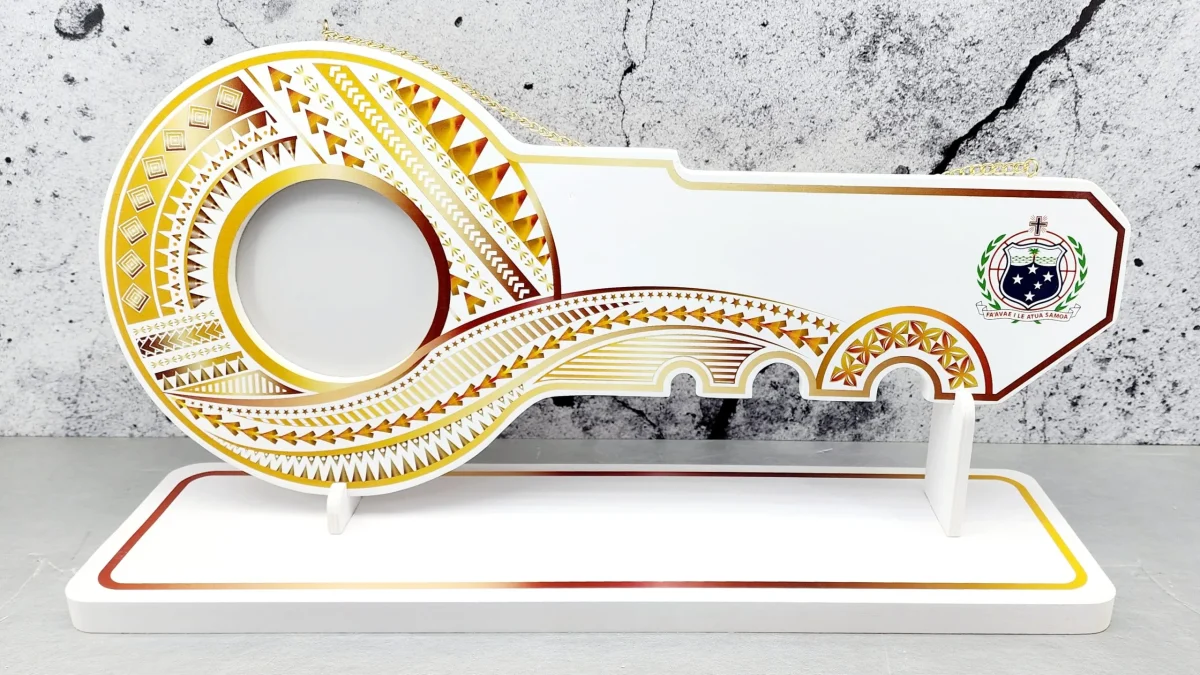 Island Design Golden Red Theme Colour UV Printed Birthday Key with Coloured Samoan Sila with Matching Colour Stand