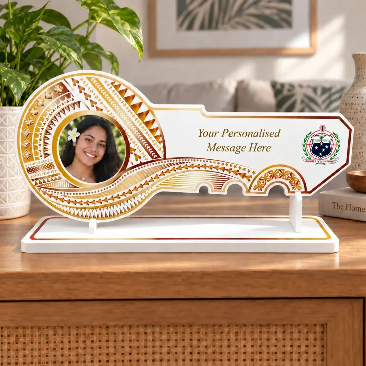 Island Design Golden Red Theme Colour UV Printed Birthday Key with Coloured Samoan Sila with Matching Colour Stand