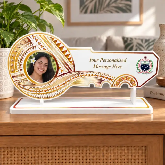 Island Design Golden Red Theme Colour UV Printed Birthday Key with Coloured Samoan Sila with Matching Colour Stand