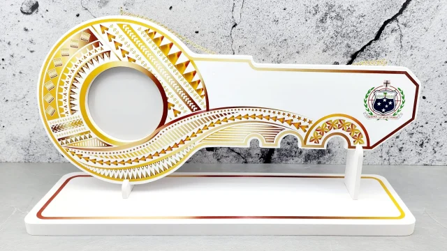 Island Design Golden Red Theme Colour UV Printed Birthday Key with Coloured Samoan Sila with Matching Colour Stand