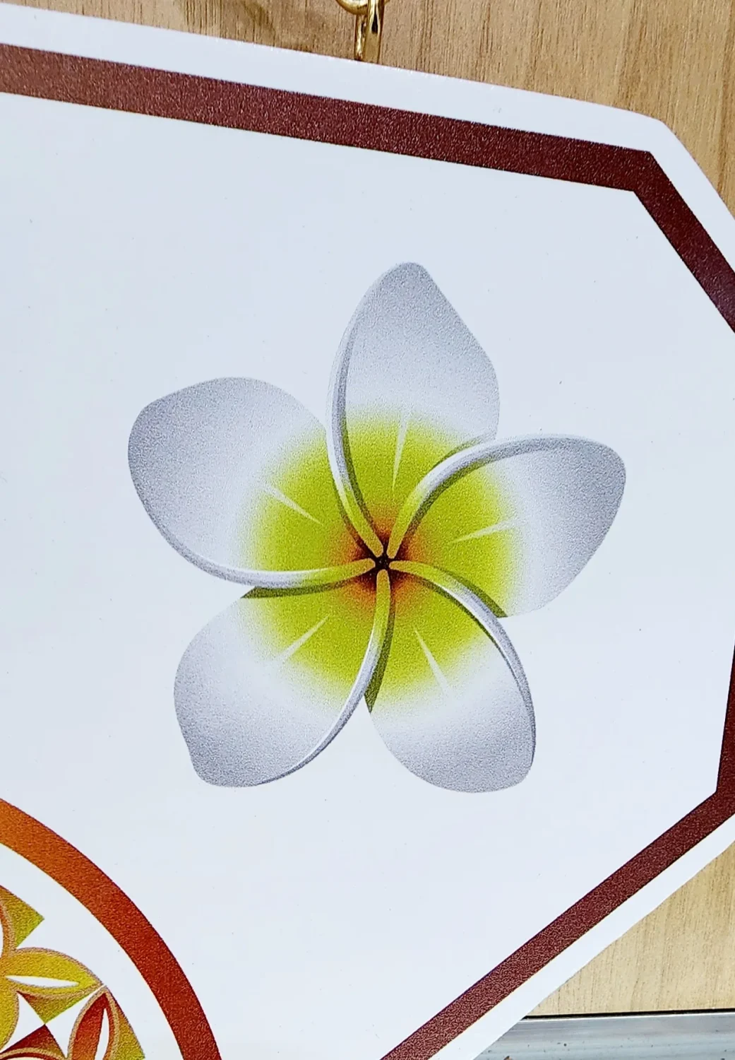Island Design Golden Red Theme Colour UV Printed Birthday Key (White Base Colour) with White Frangipani Flower