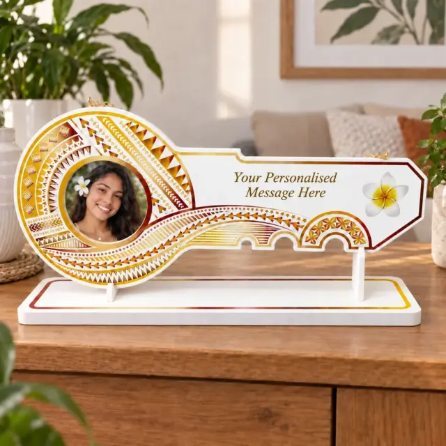 Island Design Golden Red Theme Colour UV Printed Birthday Key with White Frangipani Flower and Matching Colour Stand