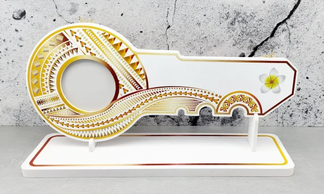 Island Design Golden Red Theme Colour UV Printed Birthday Key with White Frangipani Flower and Matching Colour Stand