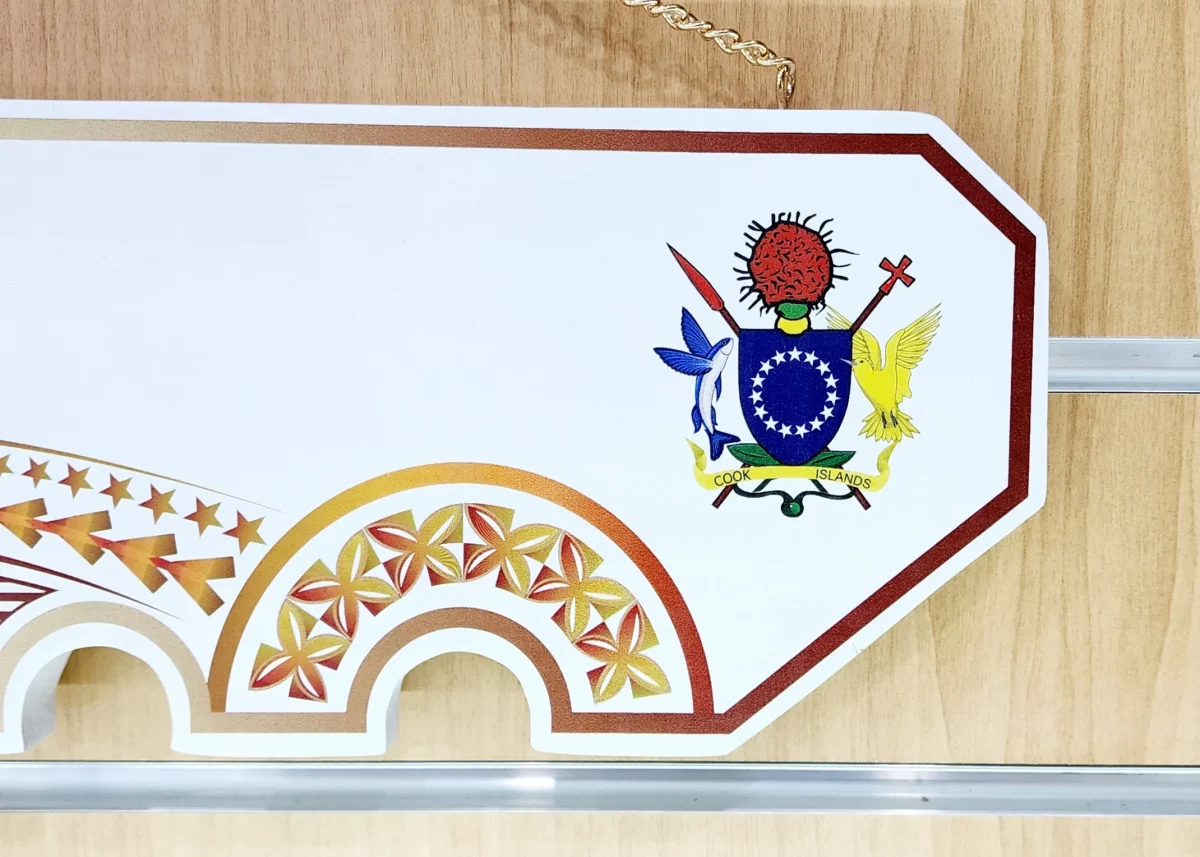 Island Design Golden Red Theme Colour UV Printed Birthday Key with Coat of Arms of Cook Islands