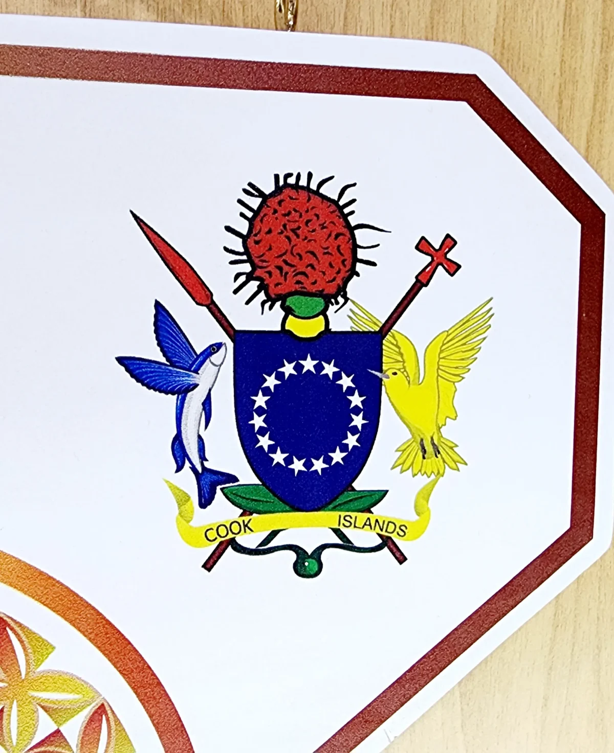 Island Design Golden Red Theme Colour UV Printed Birthday Key with Coat of Arms of Cook Islands