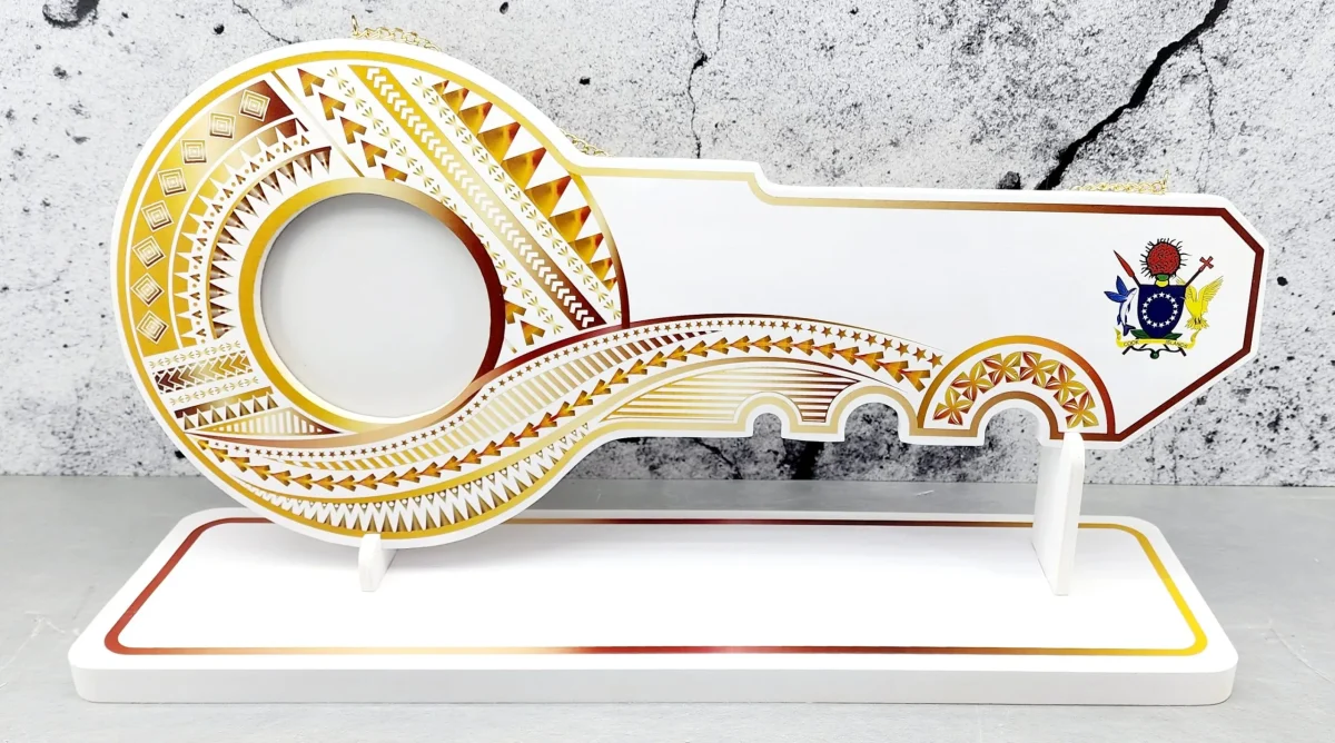 Island Design Golden Red Theme Colour UV Printed Birthday Key with Coat of Arms of Cook Islands and Matching Colour Stand
