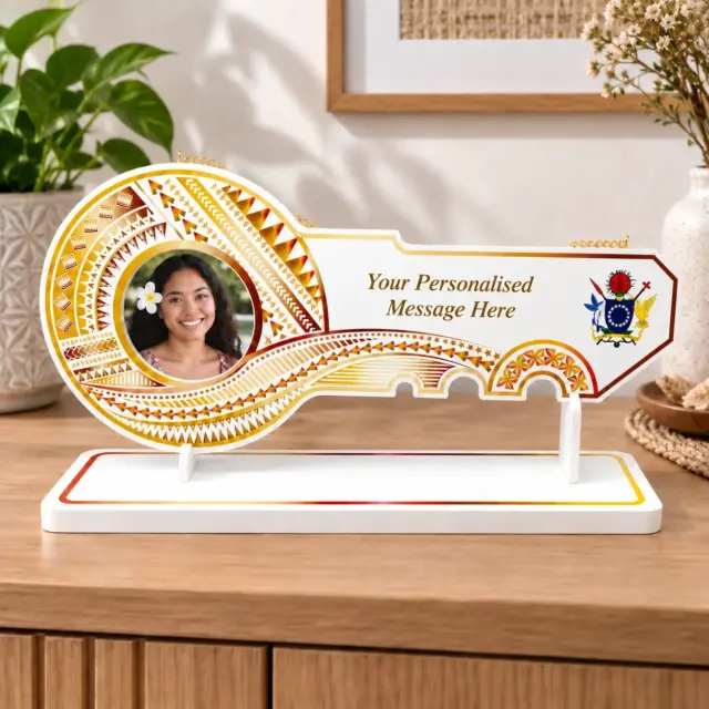 Island Design Golden Red Theme Colour UV Printed Birthday Key with Coat of Arms of Cook Islands and Matching Colour Stand