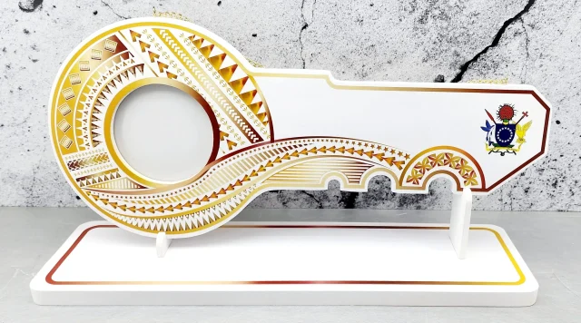Island Design Golden Red Theme Colour UV Printed Birthday Key with Coat of Arms of Cook Islands and Matching Colour Stand