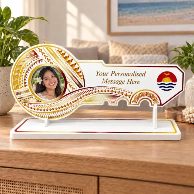 Island Design Golden Red Theme Colour UV Printed Birthday Key with Coloured Kiribati Flag and Matching Colour Stand