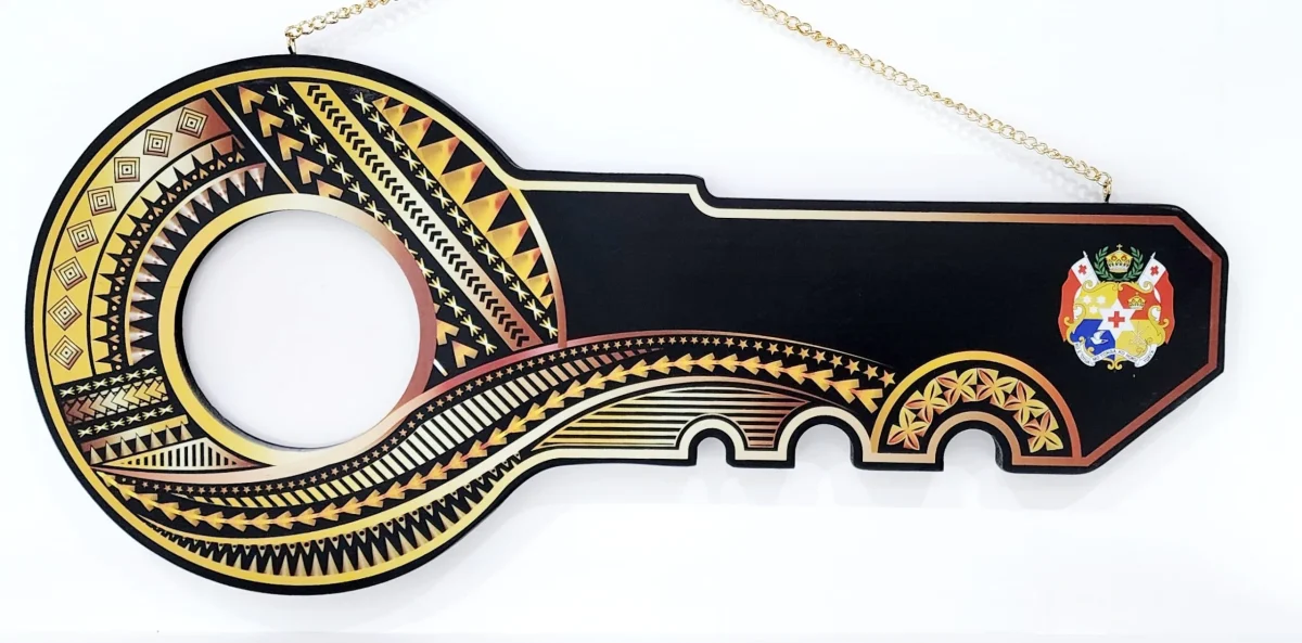 Island Design Golden Red Theme Colour UV Printed Birthday Key with Coloured Tongan Sila