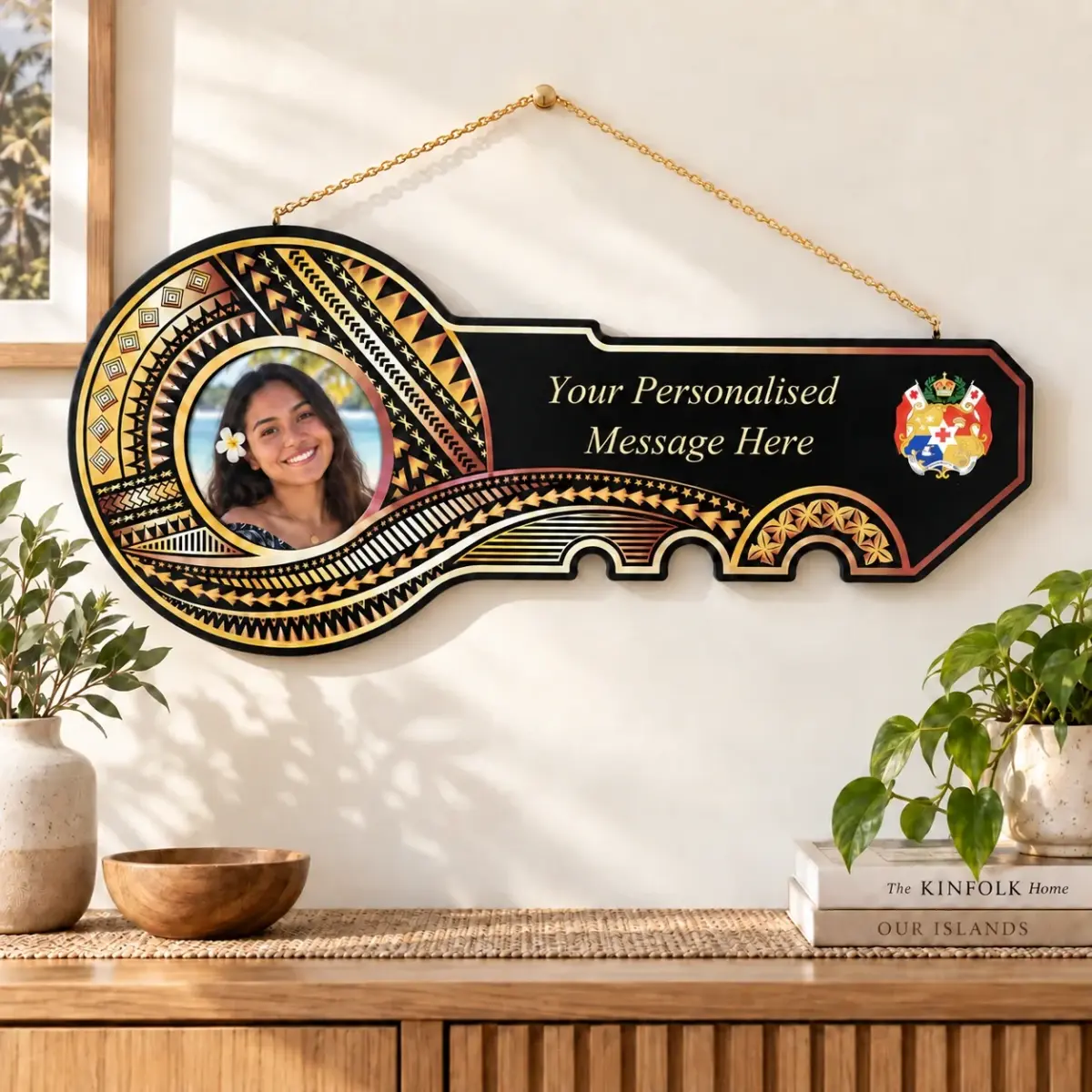 Island Design Golden Red Theme Colour UV Printed Birthday Key with Coloured Tongan Sila