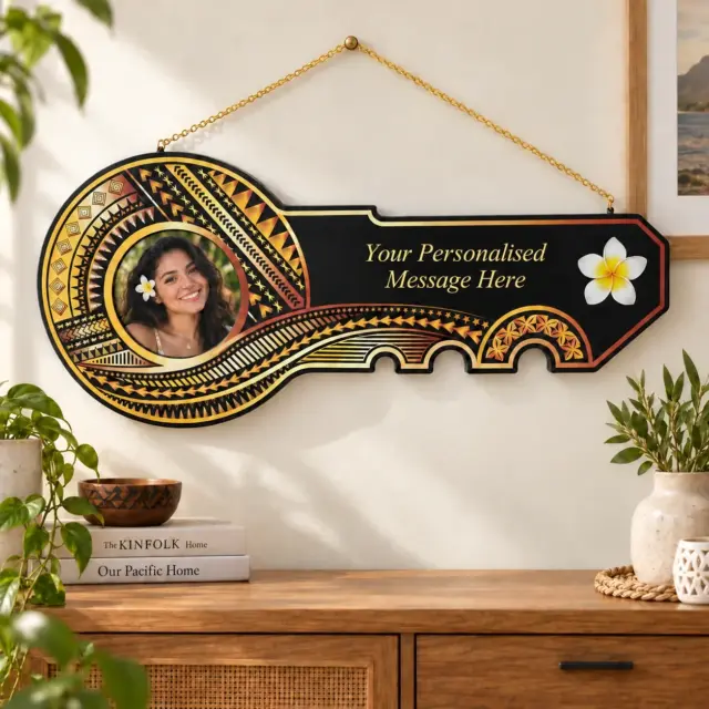 Island Design Golden Red Theme Colour UV Printed Birthday Key with White Frangipani Flower