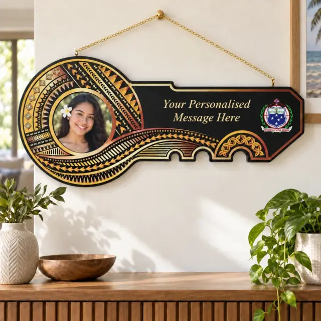 Island Design Golden Red Theme Colour UV Printed Birthday Key with Coloured Samoan Sila - 2226 GOLD RED SAMOA