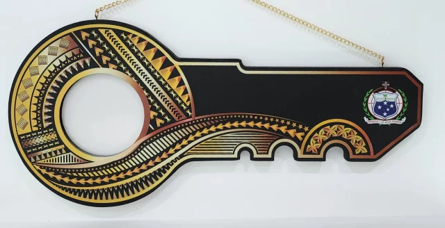 Island Design Golden Red Theme Colour UV Printed Birthday Key with Coloured Samoan Sila - 2226 GOLD RED SAMOA