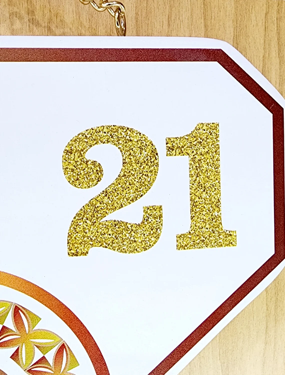 Island Design Golden Red Theme Colour UV Printed Birthday Key with Golden Glitter Look "21"