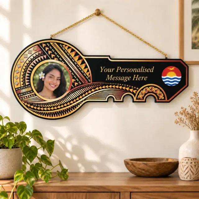 Island Design Golden Red Theme Colour UV Printed Birthday Key with Coloured Kiribati Flag