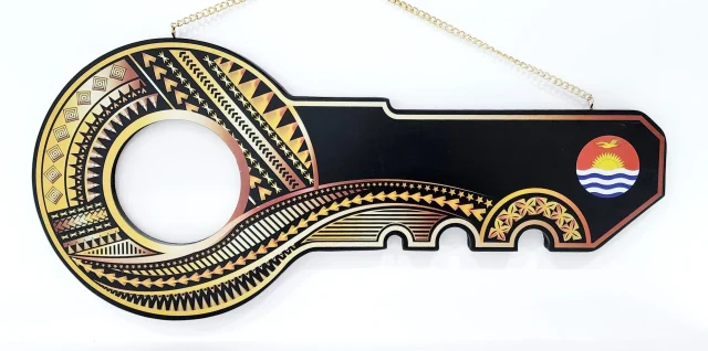 Island Design Golden Red Theme Colour UV Printed Birthday Key with Coloured Kiribati Flag