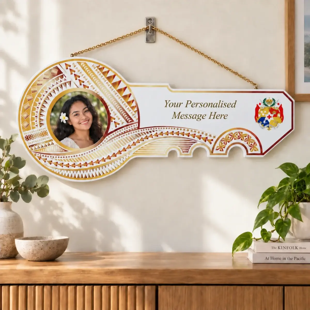 Island Design Golden Red Theme Colour UV Printed Birthday Key with Coloured Tongan Sila