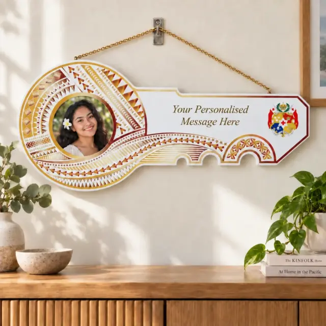 Island Design Golden Red Theme Colour UV Printed Birthday Key with Coloured Tongan Sila