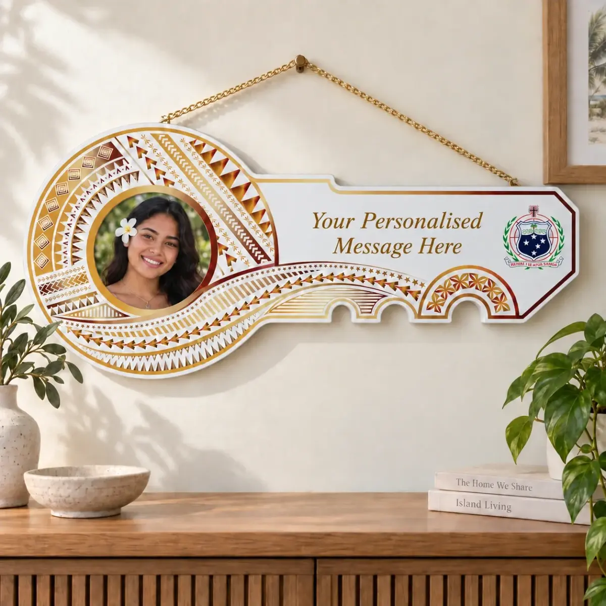 Island Design Golden Red Theme Colour UV Printed Birthday Key with Coloured Samoan Sila