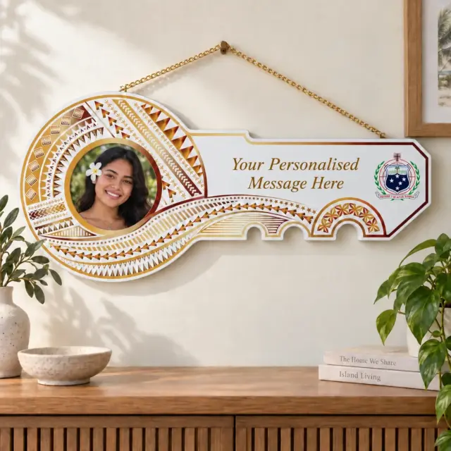 Island Design Golden Red Theme Colour UV Printed Birthday Key with Coloured Samoan Sila