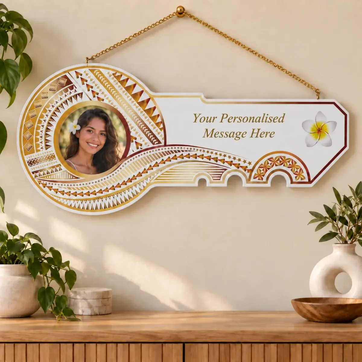 Island Design Golden Red Theme Colour UV Printed Birthday Key (White Base Colour) with White Frangipani Flower
