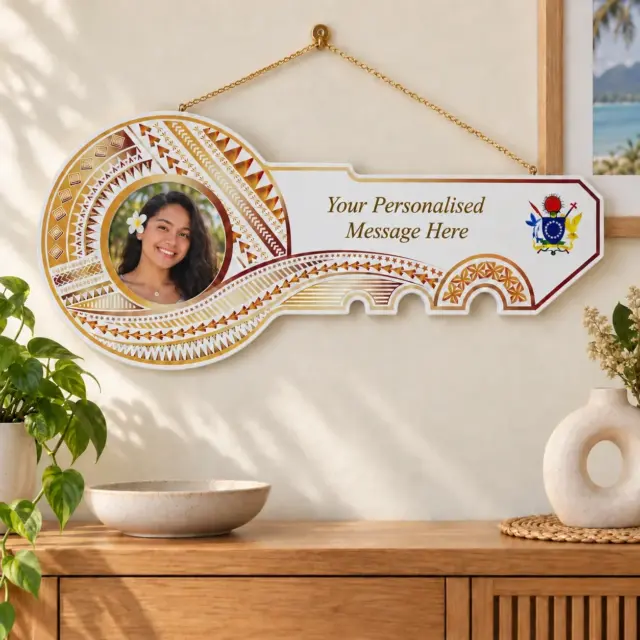 Island Design Golden Red Theme Colour UV Printed Birthday Key with Coat of Arms of Cook Islands